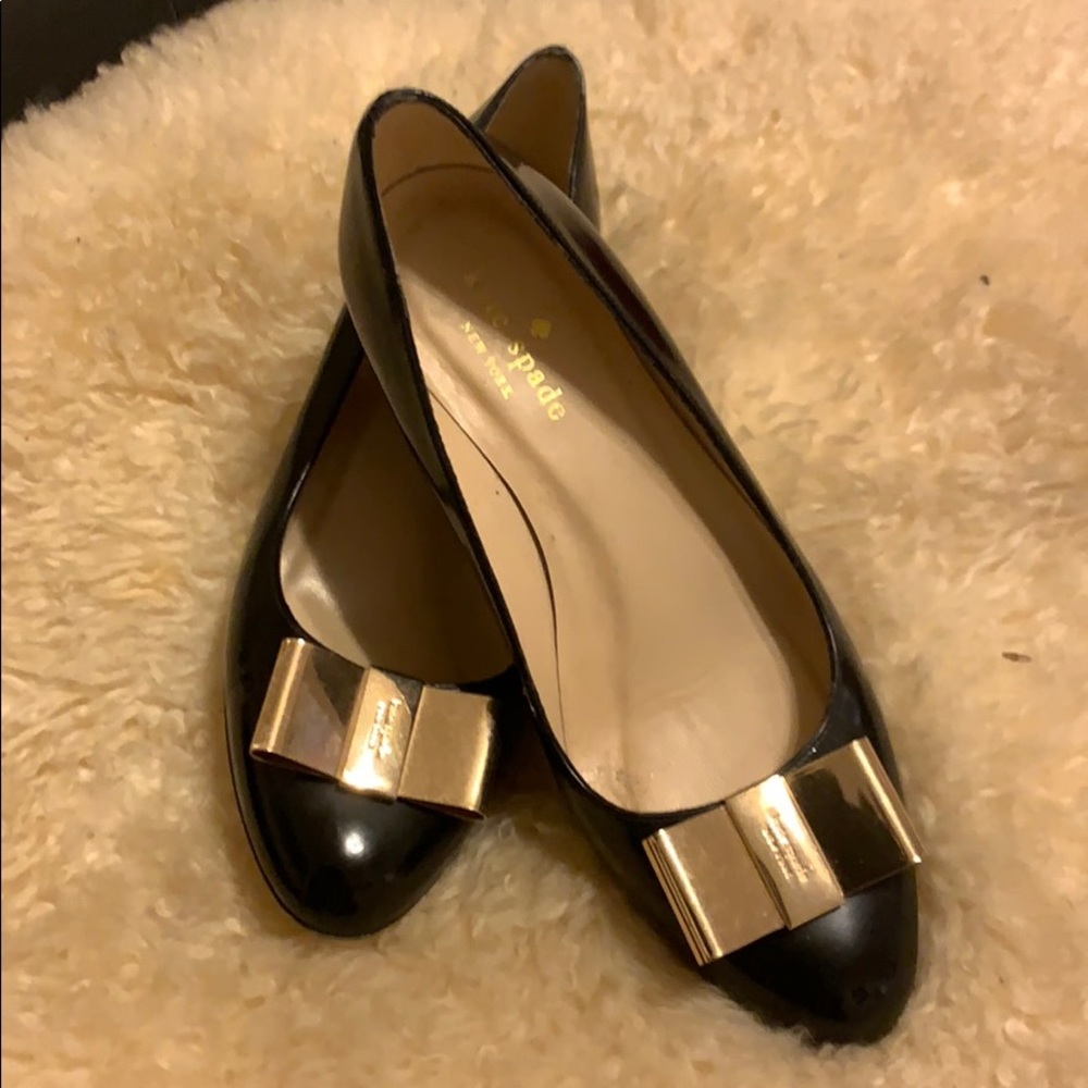 kate spade Black Patent Leather Bow Flats with Gold Accent